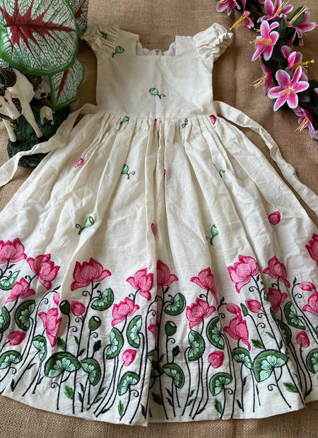 Ajd 8149 Kora Cotton With Lotus Embroidery Work Kids Wear Gown Wholesale Price In Surat
